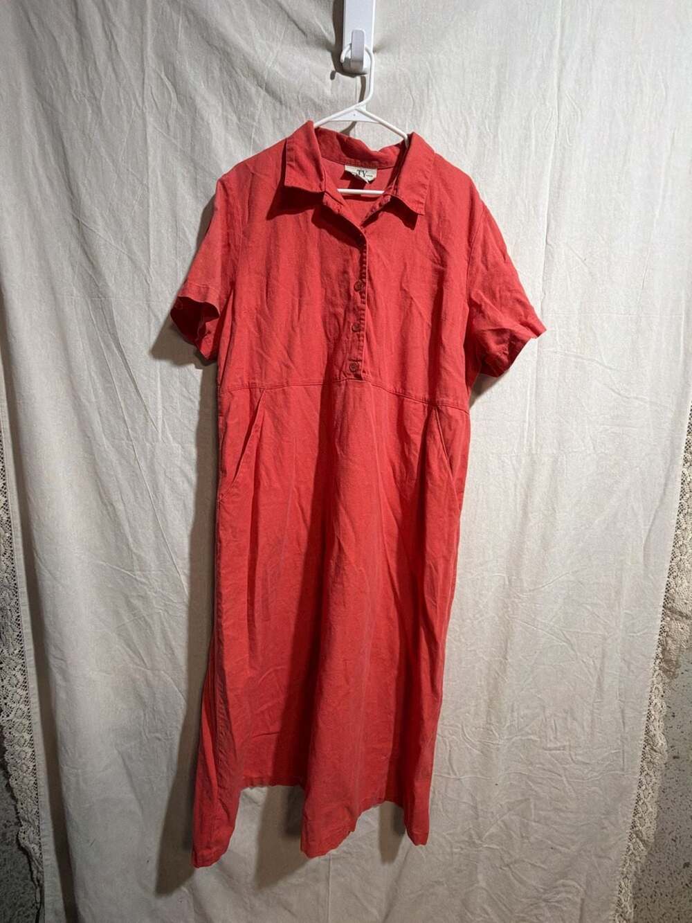 TY Wear Women's Coral Red Linen-Blend Button-Down Midi Shirt Dress with Pockets
